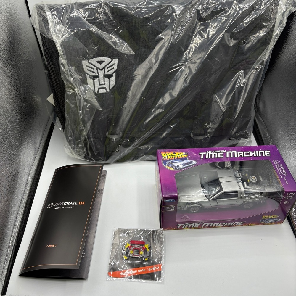 Loot Crate DX September 2016 Speed Transformers Bag DeLorean 1:24 Pin